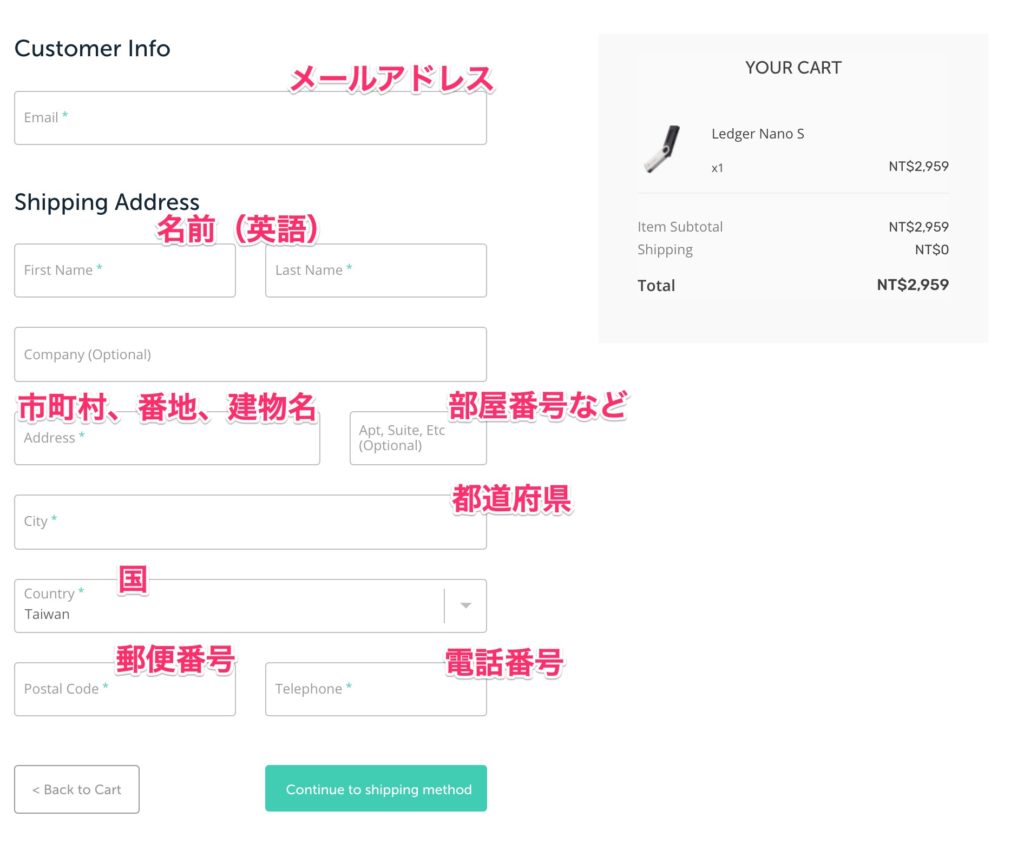 配送先情報の入力画面
