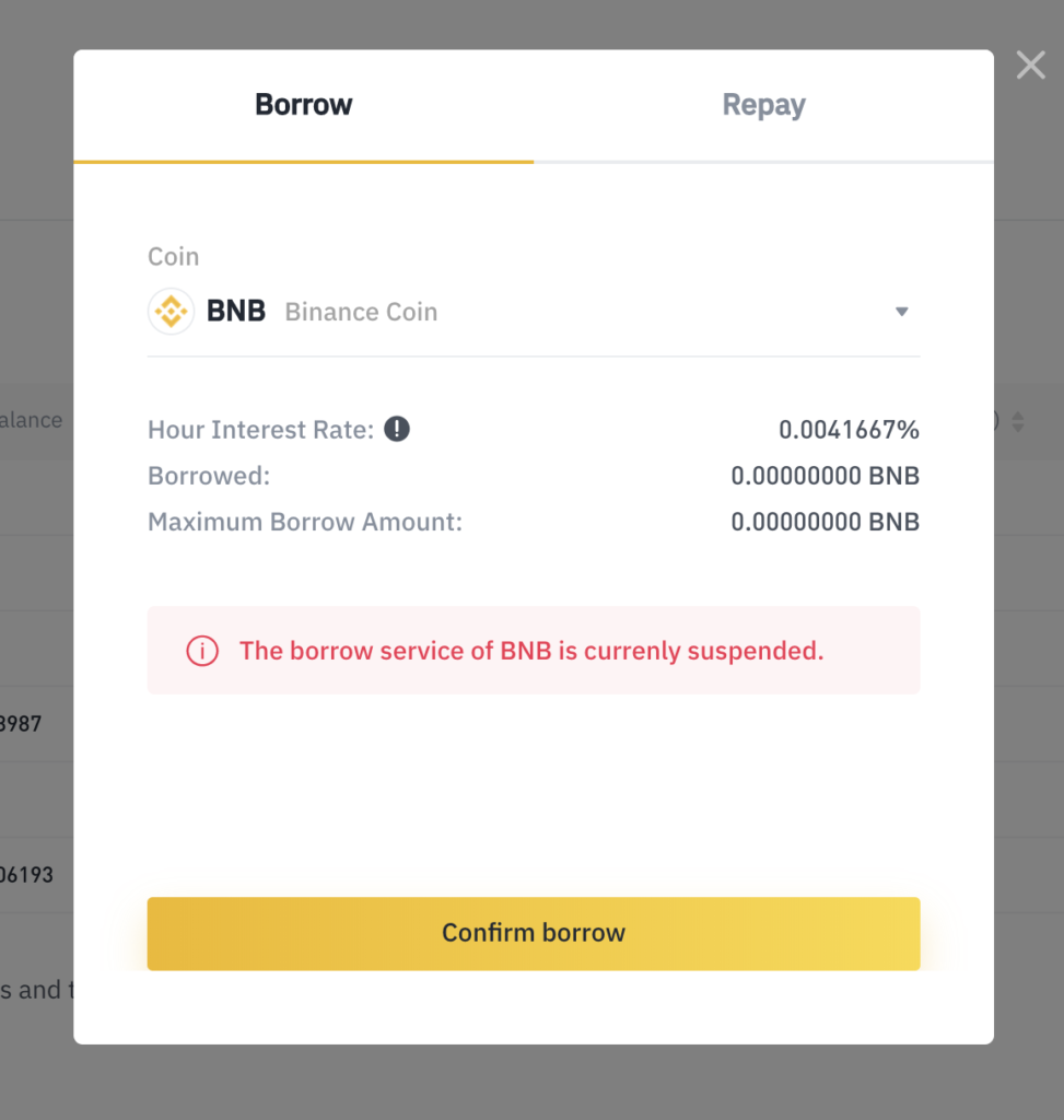 BinanceのBNB貸出し画面
